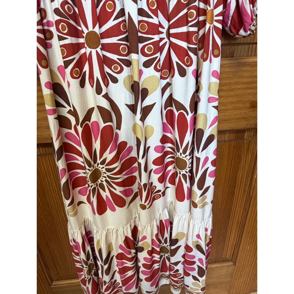 Farm Rio Women Red Pink Floral Viscose Tiered Maxi Dress Size Medium Bohemian - Picture 10 of 14